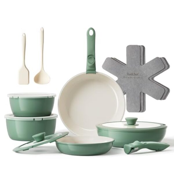 Redchef Pfannenset Topfsets 16-Teilig Antihaft-Keramik-Kochgeschirr-Set mit Abnehmbaren Griff, Pfanne 20/26cm, Tiefe Bratpfanne 26cm, Topf 18/20cm, Stapelbar Topfset Für alle Herdarten, Ofenfest Grün