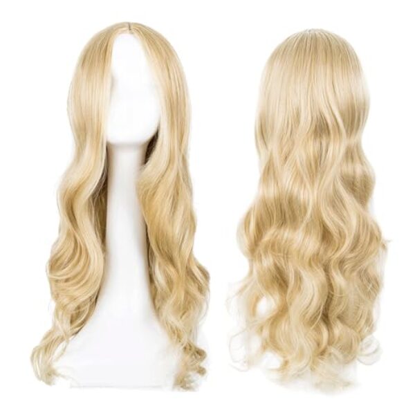 EUPSIIU Lange Gewellt Blond Perücke für Frauen Mädchen, 27’’ Lange Lockige Volle Haar Gewellt Hitzebeständig Perücke Cosplay Kostüm Charmante Perücke für Tägliche Karneval Fasching (Blond)
