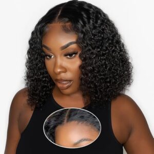 Echthaar Perücke Damen Echthaar Deep Curly Bob Human Hair Wig Glueless Wear and Go 5×5 Lace Wig No Glue Pre Plucked Pre Cut HD Transparent Lace Closure Wig 150% Density Natural Color 12 Zoll (30cm)