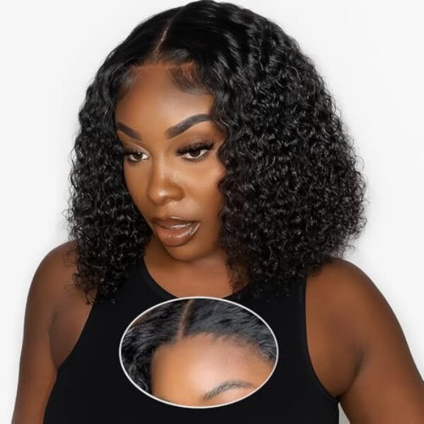 Echthaar Perücke Damen Echthaar Deep Curly Bob Human Hair Wig Glueless Wear and Go 5×5 Lace Wig No Glue Pre Plucked Pre Cut HD Transparent Lace Closure Wig 150% Density Natural Color 12 Zoll (30cm)