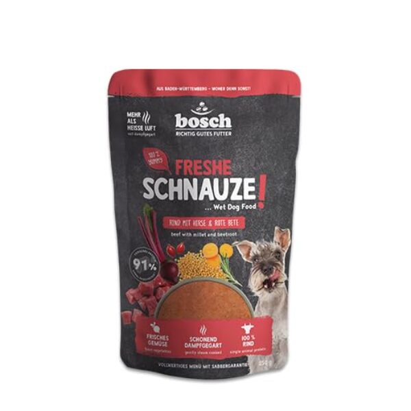 Bosch Freshe Schnauze, Rind mit Hirse und Rote Bete 1 x 250 g, Schonend Dampfgegartes Nassfutter für Hunde, Vollwertiges Alleinfuttermittel mit hohem Fleischgehalt, 250 g Hundenassfutter