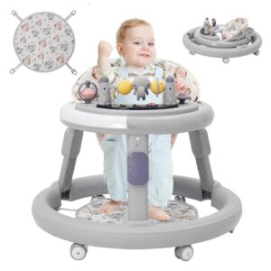 3in1 Baby Lauflernwagen(mit Spiel-Aktivitätscenter,Esstablett und Fußmatten),Höhenverstellung,Anti-O-Beine-Design,Robuster und Langlebiger Lauflernwagen,Baby Walker ab 6 Monate, Faltbar(Grau)