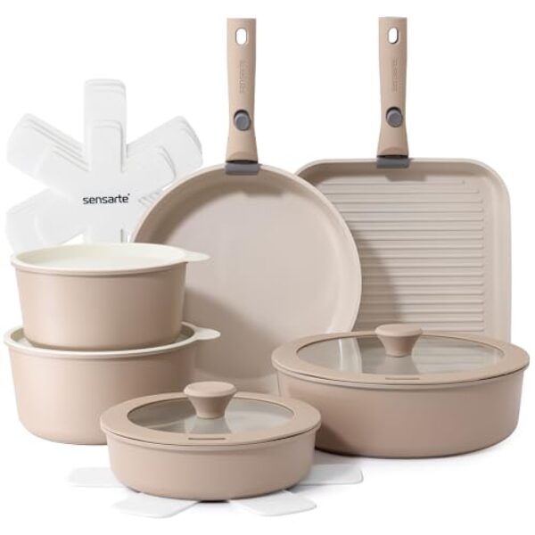 SENSARTE Keramik Topfsets Pfannenset 17 Teiliges, Antihaft Kochgeschirr mit Abnehmbarem Griff, Für alle Herdarten geeignet, Spülmaschinenfest, Ofenfest, PFAS PTFE PFOA PFOS Frei (Beige)