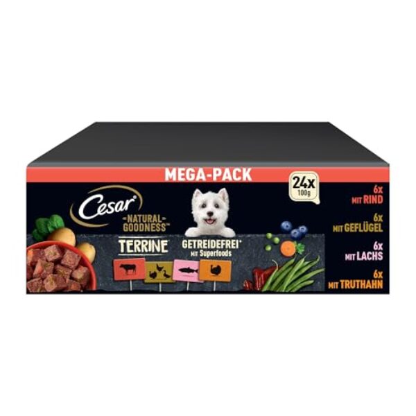Cesar Natural Goodness Premium Hunde Nassfutter in der Schale Getreidefrei mit Superfoods in 4 Varietäten Megapack 24x100g
