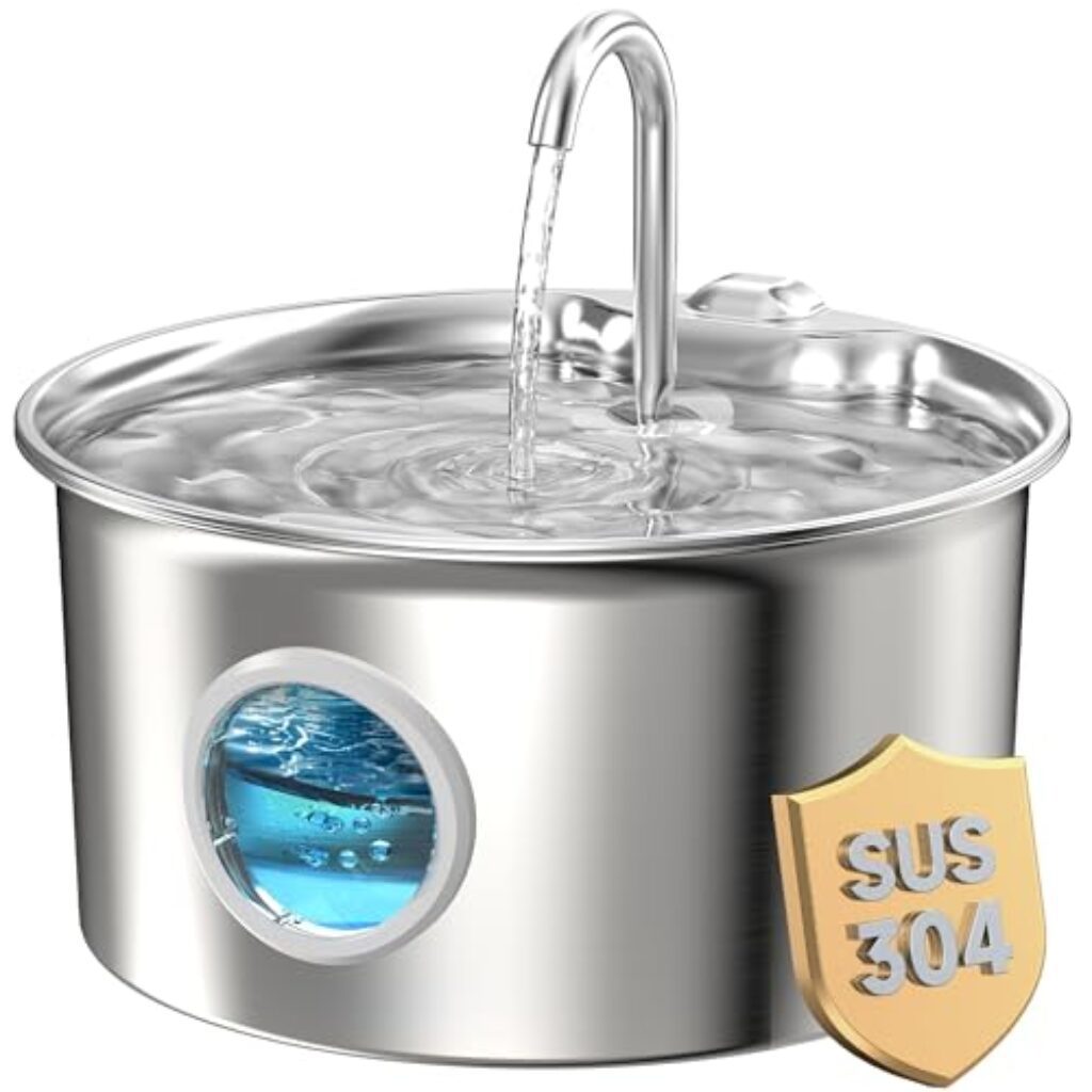 Katzenbrunnen Edelstahl Trinkbrunnen für Katze: Katzen Trinkbrunnen Leise – 2.6L Automatic Katzentrinkbrunnen mit Wasserstandsfenster – Haustierbrunnen für Kleine Hunde – Mehrschichtiges Filtersystem