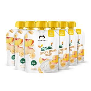 Amazon-Marke: Mama Bear Bio Zubereitung aus Joghurterzeugnis Pfirsich, Banane und Joghurt, Vegetarisch, 90g (6er-Pack)