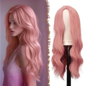 FESHFEN Lange Lockige Rosa Perücke, 60 cm Mittelscheitel Frauen Perücken Natürlich synthetische Perücken Damen Locken Wavy Wig für Party Täglich Long Wavy Wig