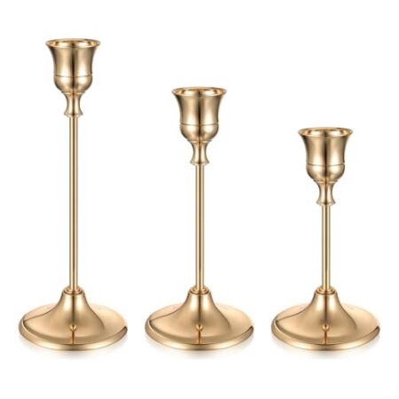 3 Stück Kerzenständer Gold, Kerzenhalter Stabkerzenhalter, Kerzenständer Stabkerzen, 18.5/15.5/12.5cm Metall Kerzenleuchter Vintage für Candle Light Dinners Hochzeiten Partys Tisch Deko(Glockenform)