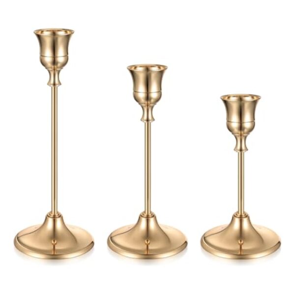 3 Stück Kerzenständer Gold, Kerzenhalter Stabkerzenhalter, Kerzenständer Stabkerzen, 18.5/15.5/12.5cm Metall Kerzenleuchter Vintage für Candle Light Dinners Hochzeiten Partys Tisch Deko(Glockenform)