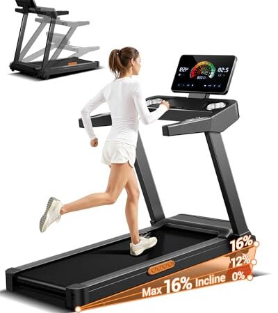 UMAY Laufband für Zuhause mit Steigung 16%, 14KM/H Laufband Klappbar mit Pulsmessung, Treadmill for Home mit leisem 3,5-PS-Motor, LED-Anzeige, Max Belastung 180KG