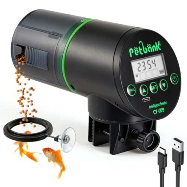 Petbank Futterautomat Aquarium, Fischfutterautomat Automatischer Fischfutterspender mit USB-Ladekabel, Fisch Futterautomaten für Aquarium Fischtank Schwarz