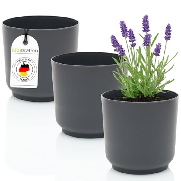 idea-station Sati Blumentopf Set 3 x 15 cm – anthrazit – Stabiler Blumentopf 15cm Durchmesser aus Plastik für verschiedenste Pflanzen und Blumen – Matte Übertöpfe für Zimmerpflanzen