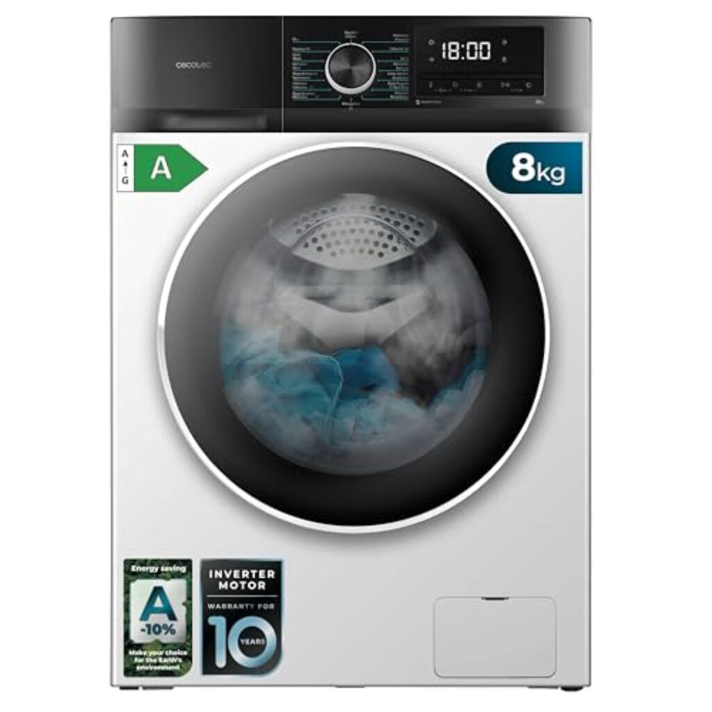 Cecotec Waschmaschine 8 Kg Carga Frontal Bolero Dresscode 8500 Inverter A. 1900 W, 1400 rpm, Motor Inverter Plus, Bajo Consumo, 16 Programas, SteamMax, Delay Start, Weiss