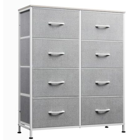 WLIVE Kommode mit 8 Schubladen aus Stoff, Kommodenschrank für Schlafzimmer, Kommode Wohnzimmer, mit Stabiler Stahlrahmen, Holzplatte, Hellgrau
