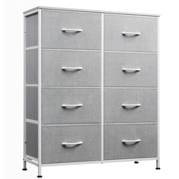 WLIVE Kommode mit 8 Schubladen aus Stoff, Kommodenschrank für Schlafzimmer, Kommode Wohnzimmer, mit Stabiler Stahlrahmen, Holzplatte, Hellgrau