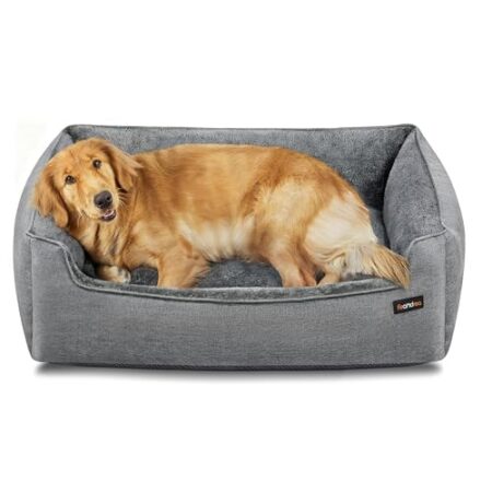 Feandrea Hundebett, Hundekissen in Leinenoptik, Hundekorb, erhöhte Ränder, rutschfeste Unterseite, Bezug abnehmbar waschbar, XL, für große Hunde, 100 x 75 x 25 cm, hellgrau PGW0...