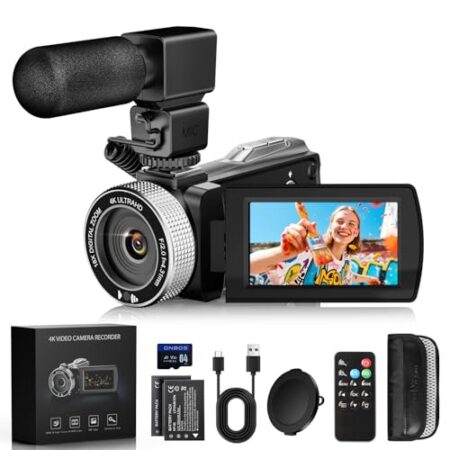 ZIMOCE Videokamera 4K 48MP Camcorder mit IR-Nachtsicht, 18X Digital Zoom 3.0'' 270° Rotation Touch-Screen Vlogging Kamera für YouTube Tiktok mit Fernbedienung, Mikrofon, 64 GB TF Karte, 2 Batterien