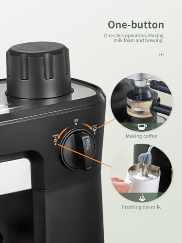 Reemix Espressomaschine mit Siebträger 6-Bar Espresso Kaffeemaschine aus Edelstahl mit professioneller Milchaufschaumdüse, ideal für Cappuccino, Latte & Macchiato, kompakt und stilvoll in Schwarz – Bild 4