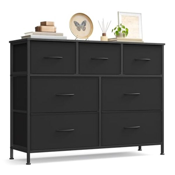 SONGMICS Kommode, Schrank, 7 Stoffschubladen, Aufbewahrungsschrank, Stahl, MDF, Vliesstoff, für Schlafzimmer, Flur, Wohnzimmer, tintenschwarz-ebenholzschwarz LGS323BH03