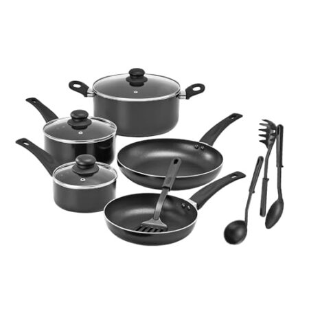 bella Kochgeschirr-Set, 12-teilige Töpfe und Pfannen mit Utensilien, antihaftbeschichtet, PFOA-frei, kratzfeste Kochfläche, kompatibel mit allen Herden, Nylon und Aluminium, Schwarz