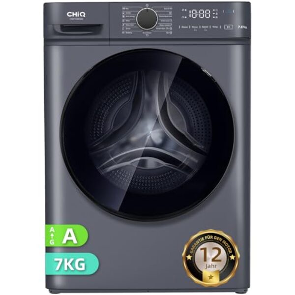 CHiQ Waschmaschine 7kg, InverterMotor, EEK A| 60×46,5x84cm, Große Tür| Eco, Speed Wash, Auto Clean, Kindersicherung|1200 U/Min, Washer Grau, CW07123863AX