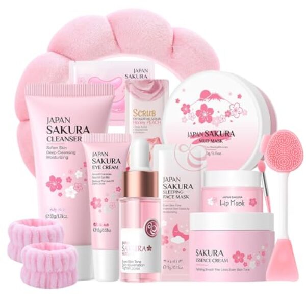 Hauttäglich Hautpflege Set für Teenager-Sakura Gesichtspflege Set 13-teilig-Beauty Set mit Reiniger, Serum, Augencreme, Gesichtscreme, Lippenmasse- für Eine Ganzheitliche Gesichtspflege
