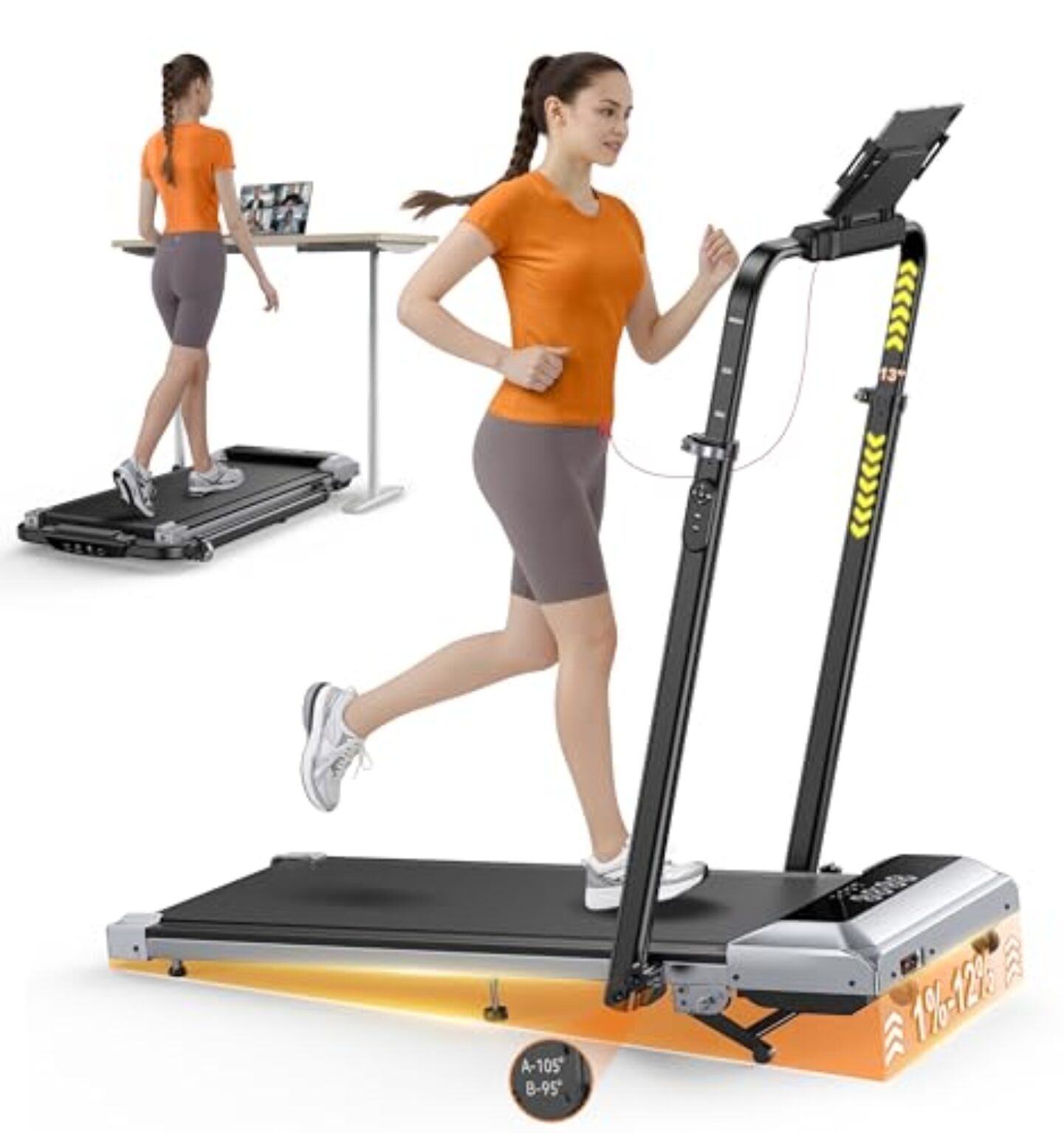 TOPUTURE Laufband für Zuhause mit 12% Steigung, 12km/h Klappbar Laufband mit 1150MM Einziehbares Steigrohr, 6 in 1 Walking Pad, 95°/105° Drehbarer Steigrohr, 2.5HP Leiser Motor, Fernbedienung und App