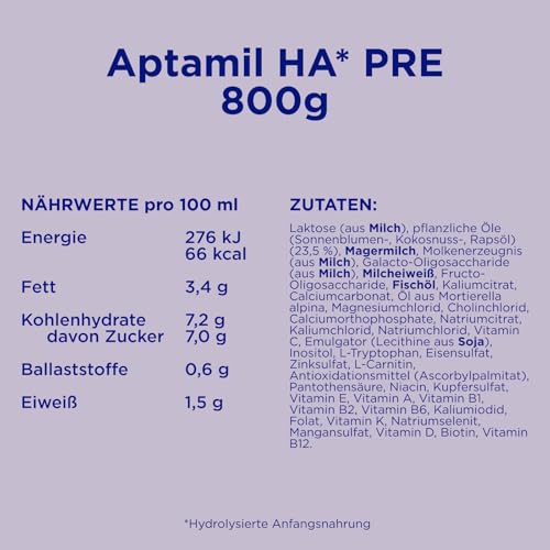 Aptamil HA PRE – Anfangsmilch von Geburt an, Mit DHA, Nur Laktose, Ohne Palmöl, Babynahrung, Milchpulver, 1x 800 g – Bild 3