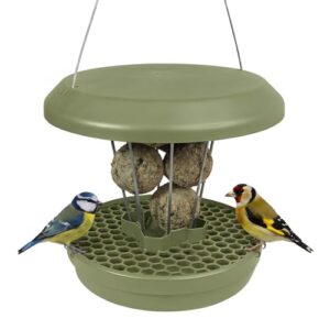 SWISSINNO Vogelfutterhaus zum Aufhängen – Lucerne SMART Birds – Meisenknödelhalter mit Auffangschale – Futterstation Rattensicher – Vogelfutterspender für 7 Meisenknödel – Salbei