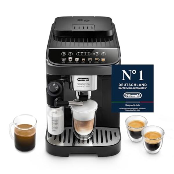 De’Longhi Magnifica Evo – Perfetto Kaffeevollautomat mit LatteCrema-Milchaufschäumer, 7 One-Touch-Getränke, Cappuccino, Espresso Kaffeemaschine, Soft-Touch-Bedienfeld, Schwarz (ECAM292.81.B)