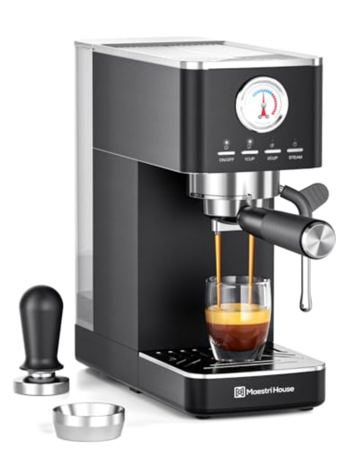 Maestri House Espressomaschine 20 Bar ULKA Pumpe, Kaffeemaschine mit Milchaufschäumer und Mengenanzeige, Edelstahl Kompaktmaschine für Cappuccino & Latte Macchiato, Schwarz