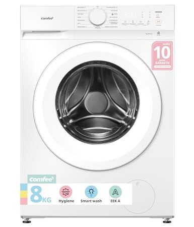 Comfee Waschmaschine 8kg, Washing machine mit Tierhaar-Programm & Dampffunktion,16 Programme,Energy Efficiency Class A-10%,Nachlegefunktion, Leise & Energiesparend, CF08EWP05W, Weiß