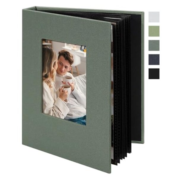 Fotoalbum klein Einsteckalbum 10×15 – 24 Taschen Mini Fotoalbum mit Fenster – Fotobuch zum Selbstgestalten für Hochzeit, Baby & Reise – Graugrün
