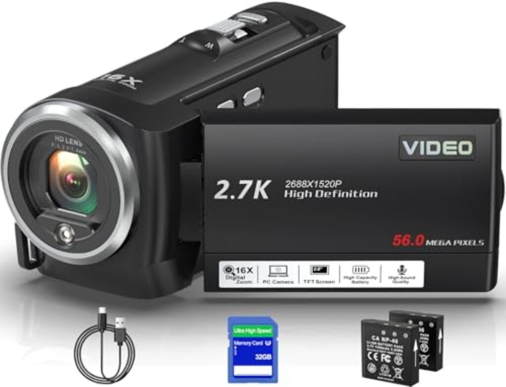 Delmodes Videokamera 2.7K 56MP Camcorder 16X Digitalzoom Vlogging Camera mit LED-Fülllicht für YouTube, 2.8″ LCD Bildschirm Camcorder mit 32 GB SD-Karte, 2 Batterien