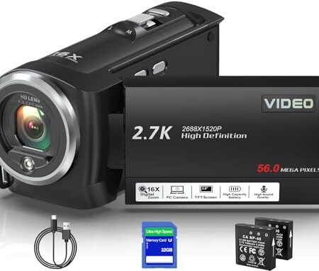 Delmodes Videokamera 2.7K 56MP Camcorder 16X Digitalzoom Vlogging Camera mit LED-Fülllicht für YouTube, 2.8" LCD Bildschirm Camcorder mit 32 GB SD-Karte, 2 Batterien