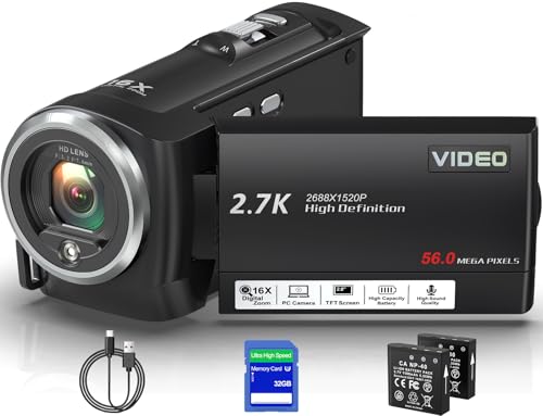 Delmodes Videokamera 2.7K 56MP Camcorder 16X Digitalzoom Vlogging Camera mit LED-Fülllicht für YouTube, 2.8″ LCD Bildschirm Camcorder mit 32 GB SD-Karte, 2 Batterien