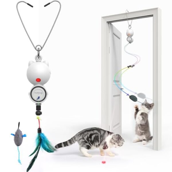 FEELNEEDY Katzenspielzeug Elektrisch mit LED Red Light Spielzeug für Katzen, Cat Toy Hängendes Automatisch Einziehbares Interaktives Spielzeug Teaser Selbstspiel Federspielzeug (Weiß)