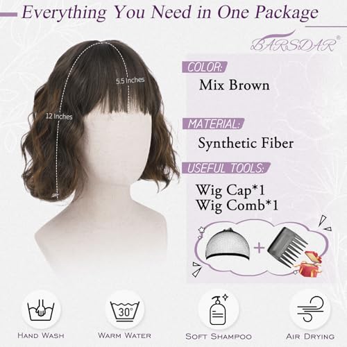 BARSDAR Kurze Gewellt Bob Perücke mit Pony, Kurze Lockige Welle Mix Braun Perücke Texturierte French Bob Perücken mit Pony für Frauen Natürlich Aussehen Synthetische Haar Perücken Halloween – Bild 3
