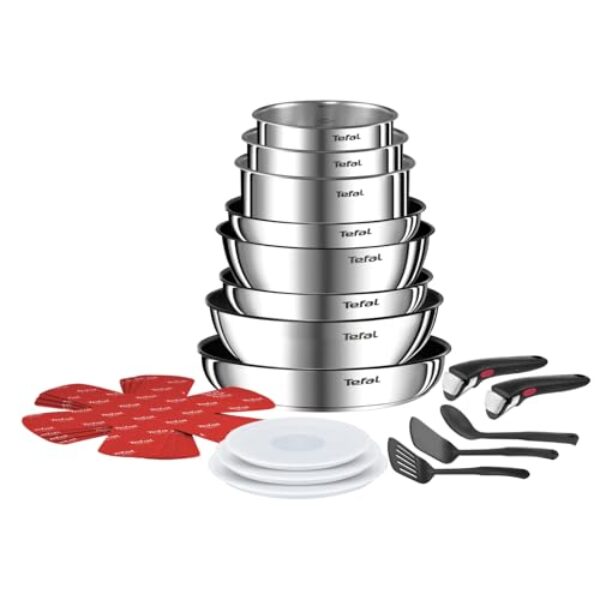 Tefal Ingenio Emotion 20-tlg. Topf und Pfannenset abnehmbarer Griff, mit Zubehör, stapelbar, platzsparend, Topfset Induktion Titanium 2X Antihaftversiegelung, einfache Handhabung und Reinigung, L897SK