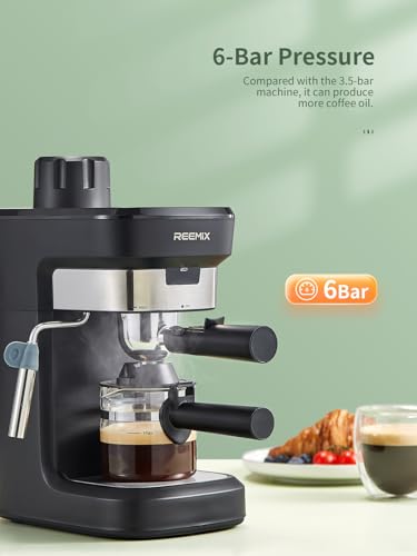 Reemix Espressomaschine mit Siebträger 6-Bar Espresso Kaffeemaschine aus Edelstahl mit professioneller Milchaufschaumdüse, ideal für Cappuccino, Latte & Macchiato, kompakt und stilvoll in Schwarz – Bild 3