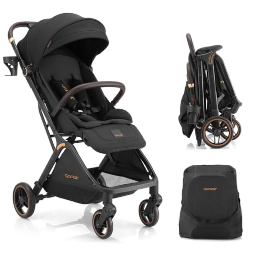 Gromast Gravity faltbarer Baby-Kinderwagen, Tragbarer Reise-Kleinkindbuggy Mit Verstellbarer Rückenlehne & Sonnendach, Leichtgewichtig Und Uv-Geschützt, Einhändig Automatisch Zusammenklappbar, Schwarz