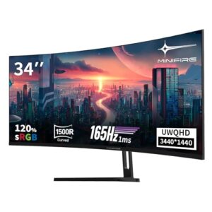 Minifire 34″ UWQHD Curved Gaming Monitor 165Hz(DP),3440 x 1440, Curved 1500R,1ms(MPRT),Pip/PBP,FreeSync,HDR, 300nits, sRGB 125%, DCI-P3 95%,VA Panel,2xHDMI 2.1(TMDS) 1xDP 1.4 Ports MFG34C5Q