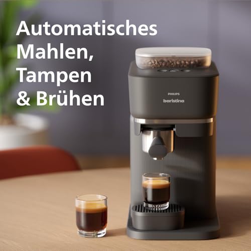 PHILIPS Baristina Espressomaschine und Milchaufschäumer Paket – Automatisches Mahlen, Tampen & Brühen, 16 Bar, Kaffeemaschine mit Mahlwerk & Siebträger, leichte Reinigung, Schwarzgrau (BAR303/60) – Bild 4