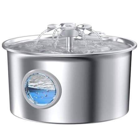 Katzenbrunnen Edelstahl Trinkbrunnen für Katze: Katzentrinkbrunnen – 2.6L Katzenbrunnen für Katzen – Wasserspender Katzen – Wasserbrunnen für Hunde mit Wasserstandsfenster – Blumen Wasserfall Design