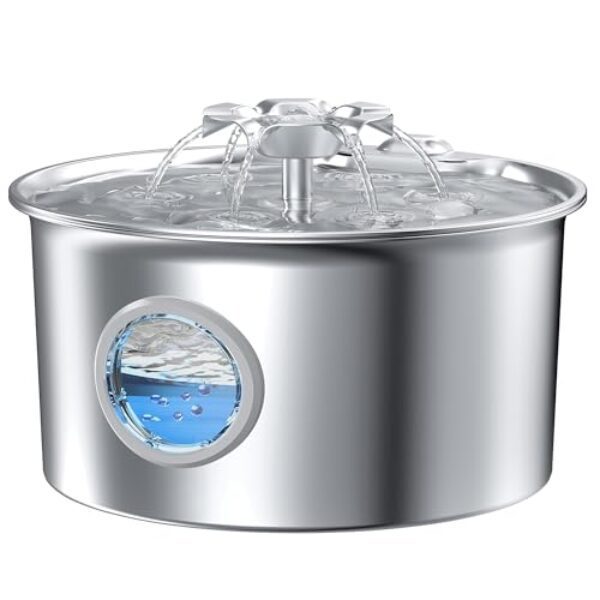 Katzenbrunnen Edelstahl Trinkbrunnen für Katze: Katzentrinkbrunnen – 2.6L Katzenbrunnen für Katzen – Wasserspender Katzen – Wasserbrunnen für Hunde mit Wasserstandsfenster – Blumen Wasserfall Design