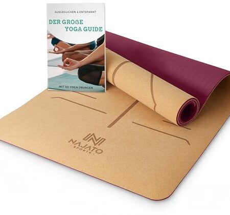 NAJATO Sports Yogamatte Kork – Rutschfeste Yoga Matte mit Tragegurt & E-Book (PDF Datei) – Trainingsmatte 183 x 65 x 0,6 cm – Nachhaltige Gymnastikmatte