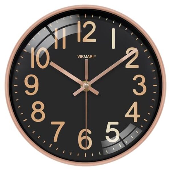 VIKMARI Modern Wanduhr Schwarz Gold Ohne Tickgeräusche Batteriebetrieben Wanduhr für Wohnzimmer Schlafzimmer Badezimmer Küche, 25cm