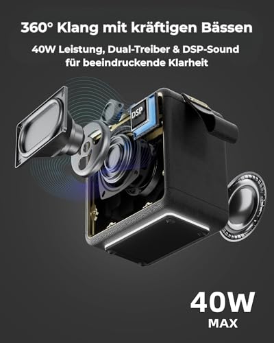 MG II Bluetooth Lautsprecher 40W, Tiefer Bass mit DSP, RGB Licht, IPX7 Wasserdicht, Dual-Treiber,17H+ Akku, TWS Stereo,3 EQ-Modi, Type-C Laden, AUX/TF/USB, Tragbarer Outdoor Speaker(Schwarz & Messing) – Bild 4