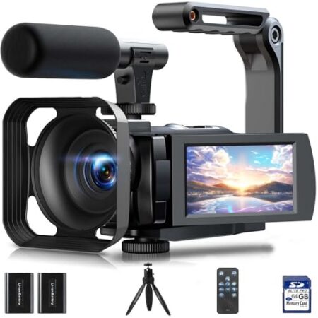 Videokamera 5K, 56MP Camcorder Vlogging Kamera für YouTube, WiFi Nachtsicht 3" 270° drehbarer Touchscreen Webcam Camcorder, Video Camera mit 64GB Karte, Fernbedienung, Mikrofon,...
