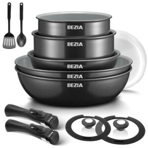 BEZIA Topfsets Pfannenset mit abnehmbaren Griffen, Töpfe und Pfannen Set mit gesunder Keramikbeschichtung, Induktions Pfannen Set 13-tlg, für alle Herdarten, stapelbares Design, Ofenfest